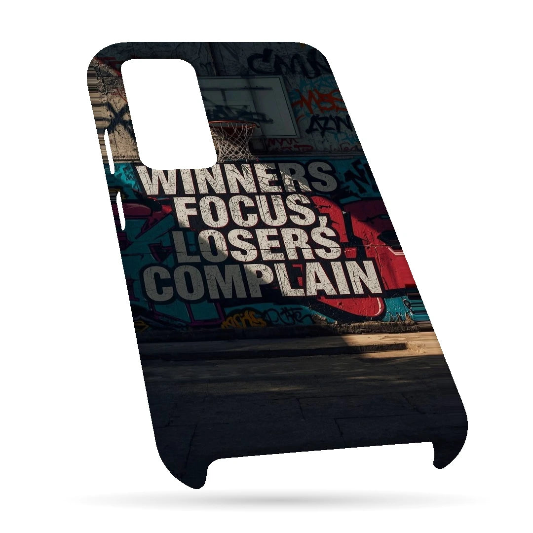 Winners Focus Quote 3D Print OnePlus 9 Phone Case, bottom view; bold Winners Focus Losers Complain lettering over dark graffiti-style artwork