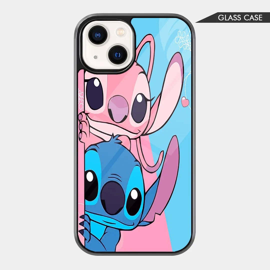 Stitch & Angel Duo: Duggu Playful Blue & Pink Alien Couple Glass Case.