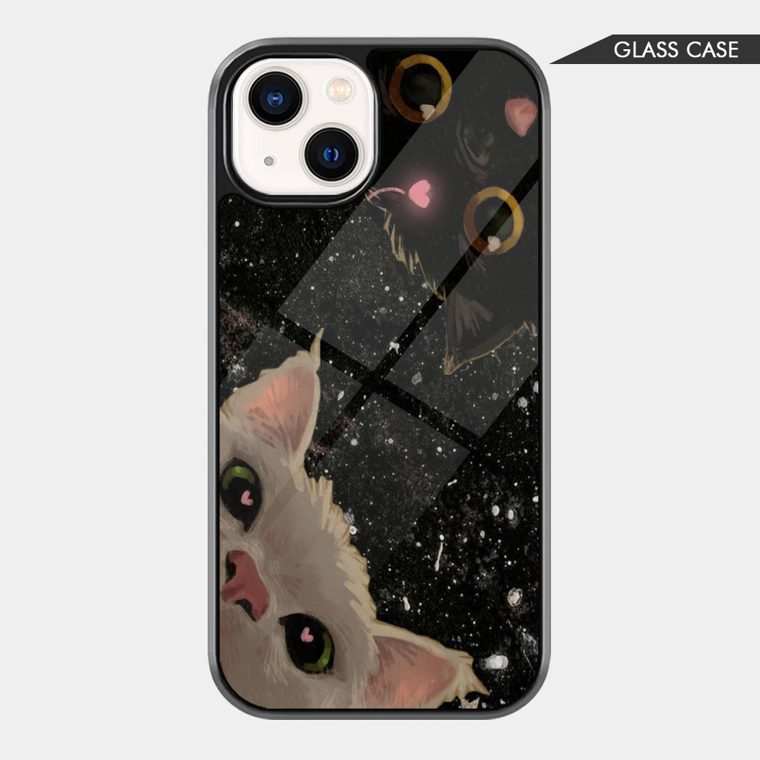 Cute cats phone case with white kitten peeking from the bottom, black cat in space, tiny pink hearts, and starry speckles