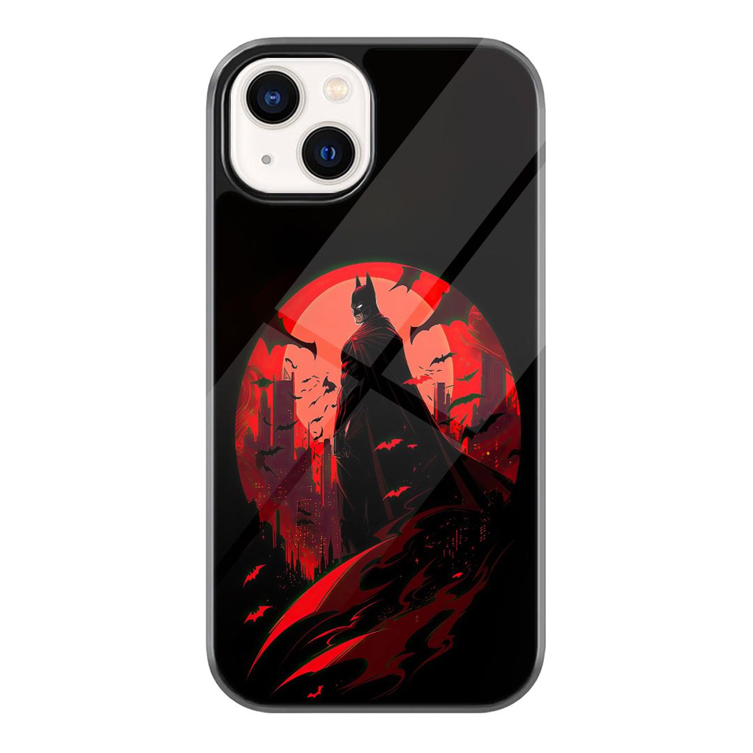 Batman Black and White Cape Phone Case featuring a monochrome Batman-style caped hero from behind, standing in rain-like grey shadows