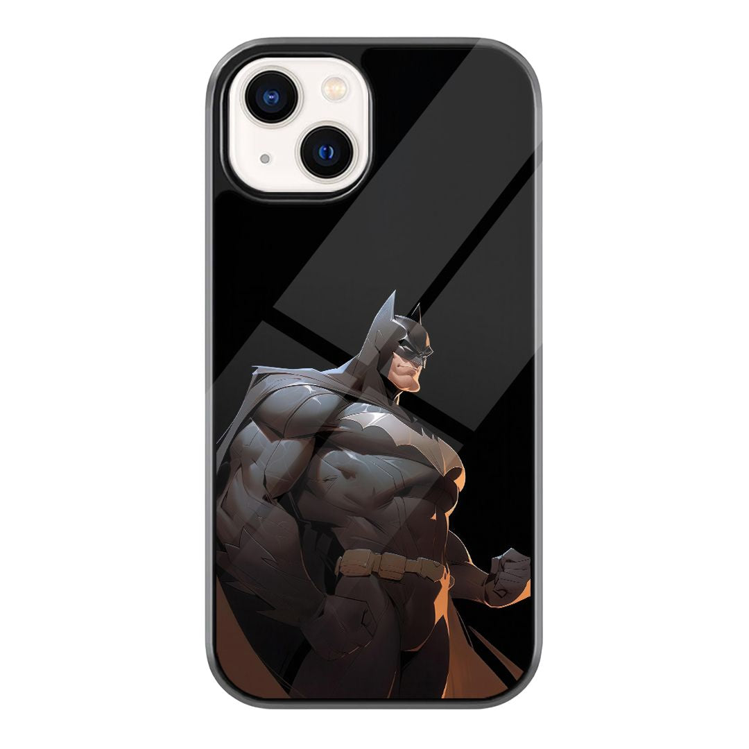 Batman Armored Grey Phone Case featuring a grey armored Batman-style hero in a strong side pose on a dark minimalist background