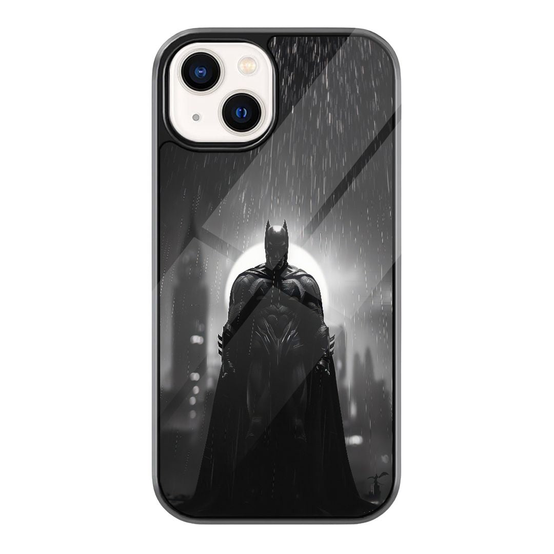 Batman Red Moon Silhouette Phone Case featuring a black Batman-style silhouette with sweeping cape against a red moon and city background