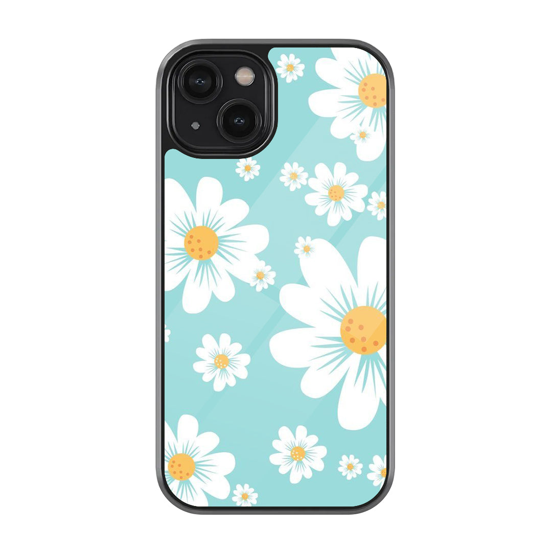 Mint daisy floral phone case with white daisies, yellow centers, and soft turquoise-blue background