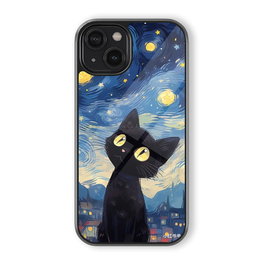 Black cat phone case with glowing yellow eyes under a swirling blue starry night sky with moon and village lights