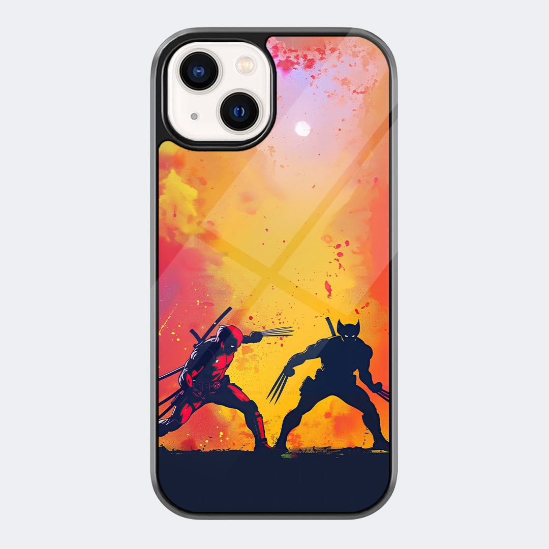 Anime Ninja Battle Sunset Phone Case featuring two action silhouettes leaping and fighting across a bright orange-pink sunset scene