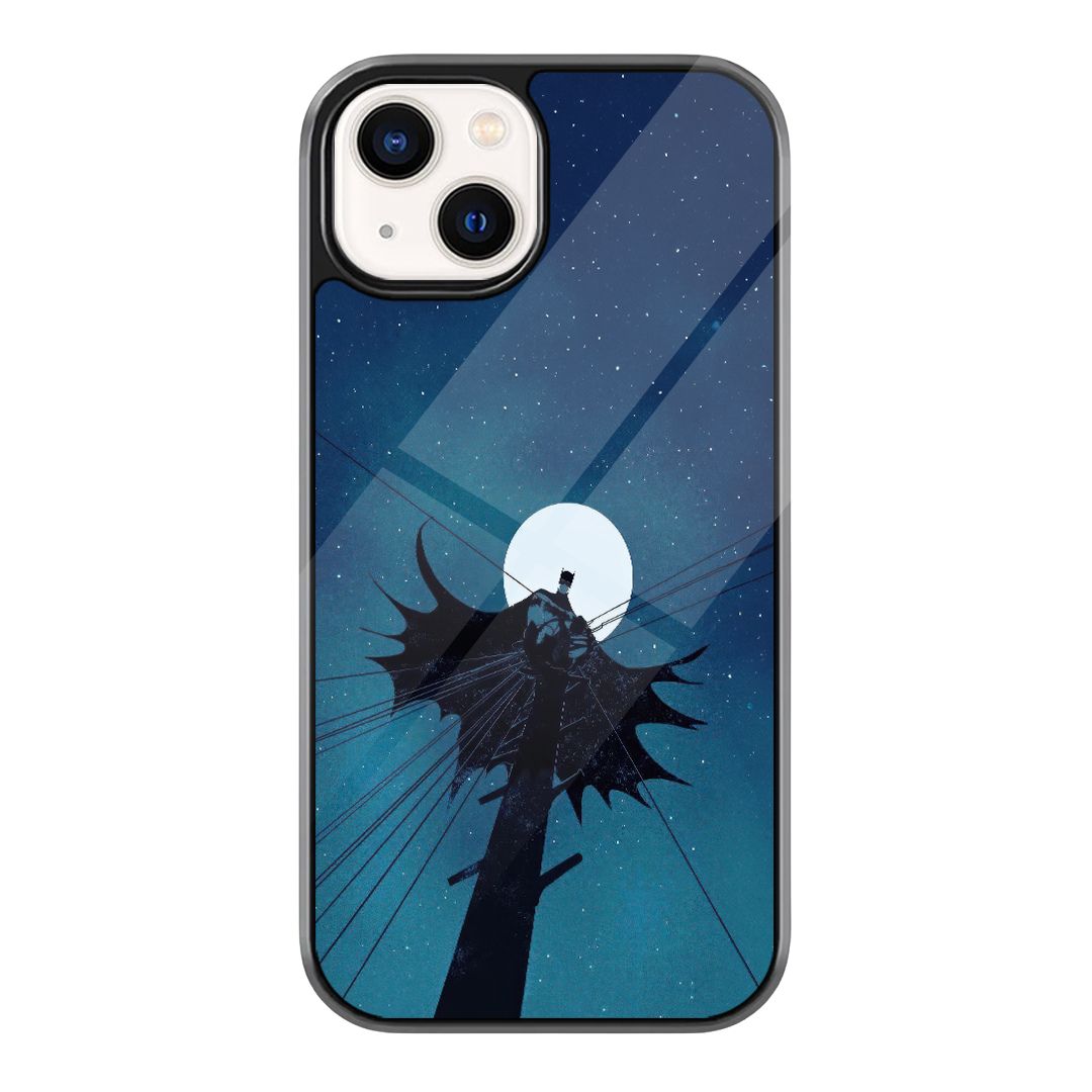 Batman Blue Moon Cape Phone Case featuring a black caped figure standing before a bright full moon on a deep blue background
