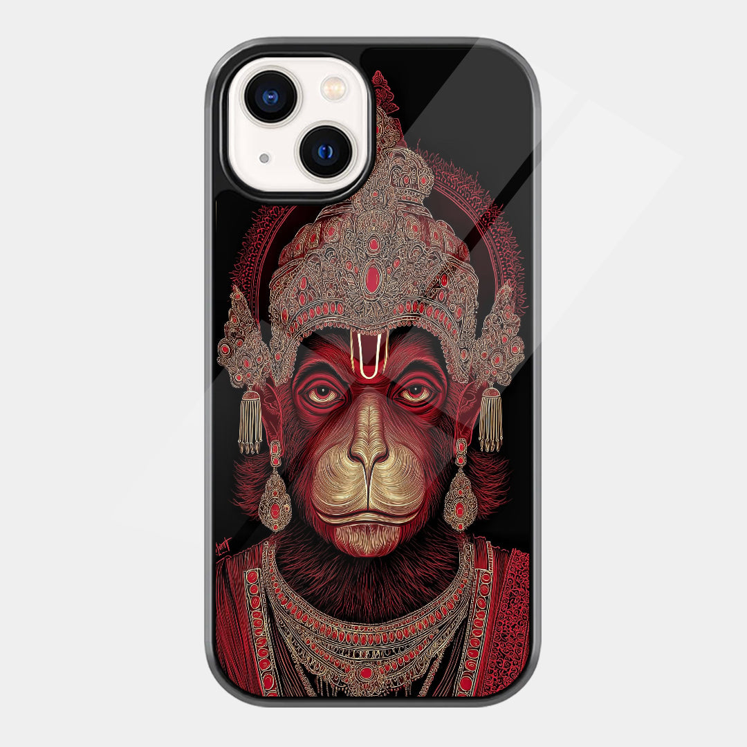 Front-facing portrait of Hanuman Ji wearing an ornate jeweled crown, red-gold ornaments, and white Vaishnav tilak