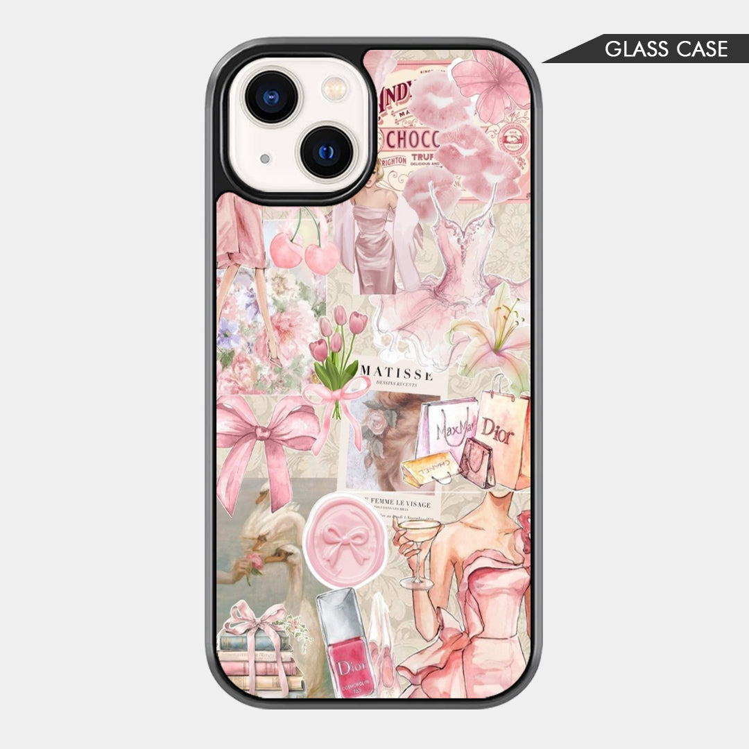 Pink fashion collage phone case with bows, tulips, perfume bottles, dress illustrations, flowers, cherries, and soft scrapbook details