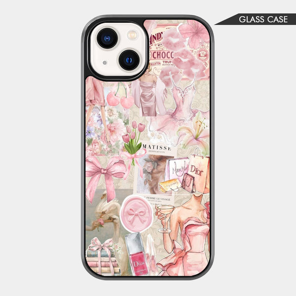 Pink fashion collage phone case with bows, tulips, perfume bottles, dress illustrations, flowers, cherries, and soft scrapbook details