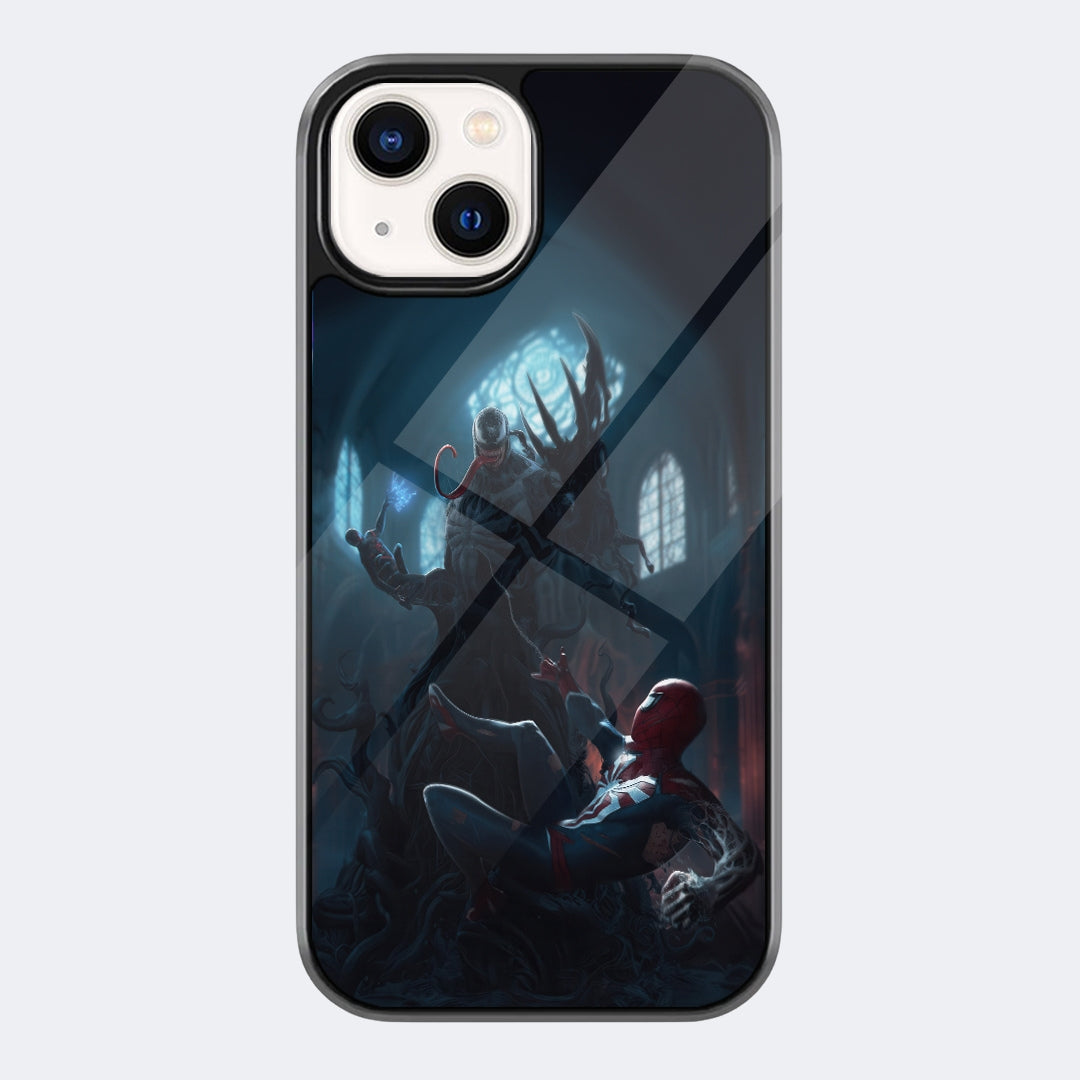 Spider-Man Dark Skyline Phone Case featuring Spider-Man-style artwork crouched in a blue-black city night scene with sharp shadow effects