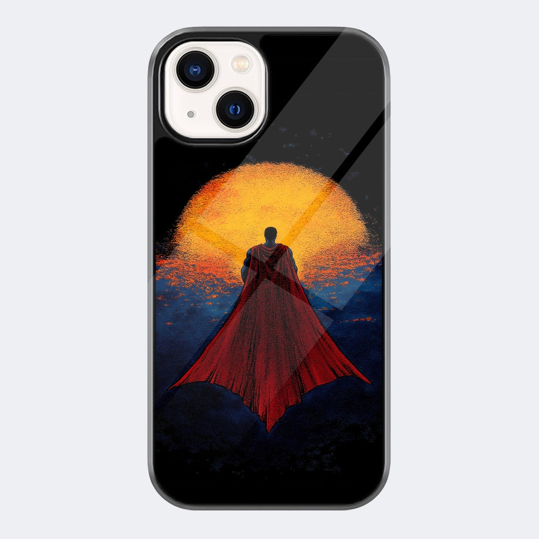 Scarlet Witch Sunset Cape Phone Case featuring a red-caped magical silhouette standing before a golden sunset and dark mountains