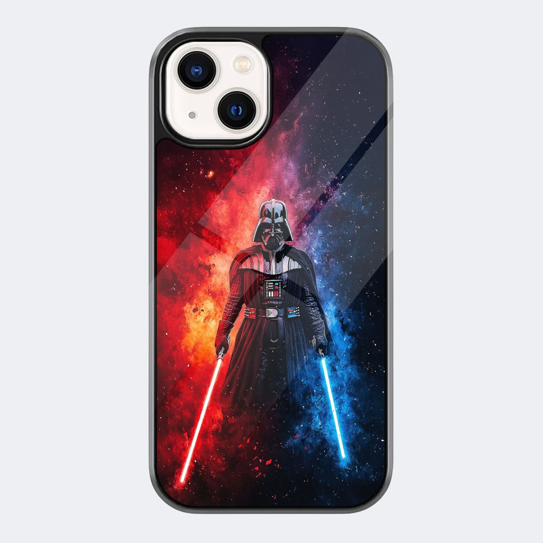 Darth Vader Dual Lightsaber Phone Case featuring a masked Sith warrior holding red and blue glowing lightsabers over a fiery galaxy background