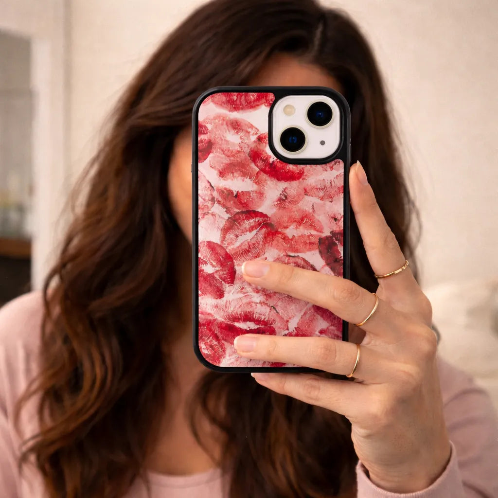 Crimson Kiss: Romantic Red Lip Print Glass Case