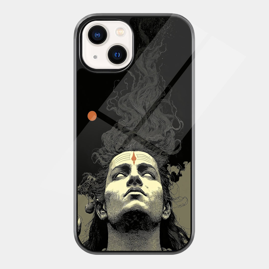 Lord Shiva gazing upward with closed eyes, Tripundra markings, red tilak, flowing smoke-like hair, and a dark minimalist background