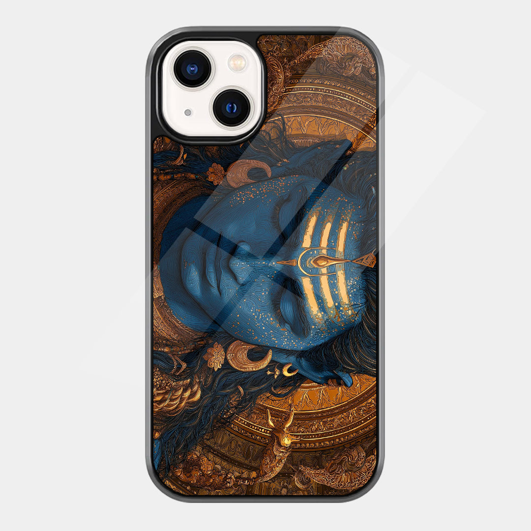 Serene blue face of Lord Shiva with golden Tripundra, third-eye symbol, crescent moon, closed eyes, and ornate detailing