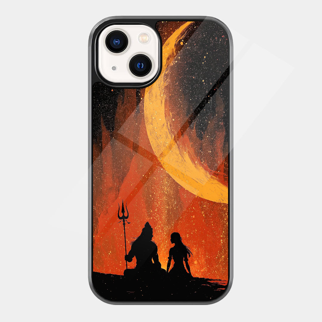 Silhouettes of Lord Shiva and Goddess Parvati seated beside a trident beneath a giant golden crescent moon