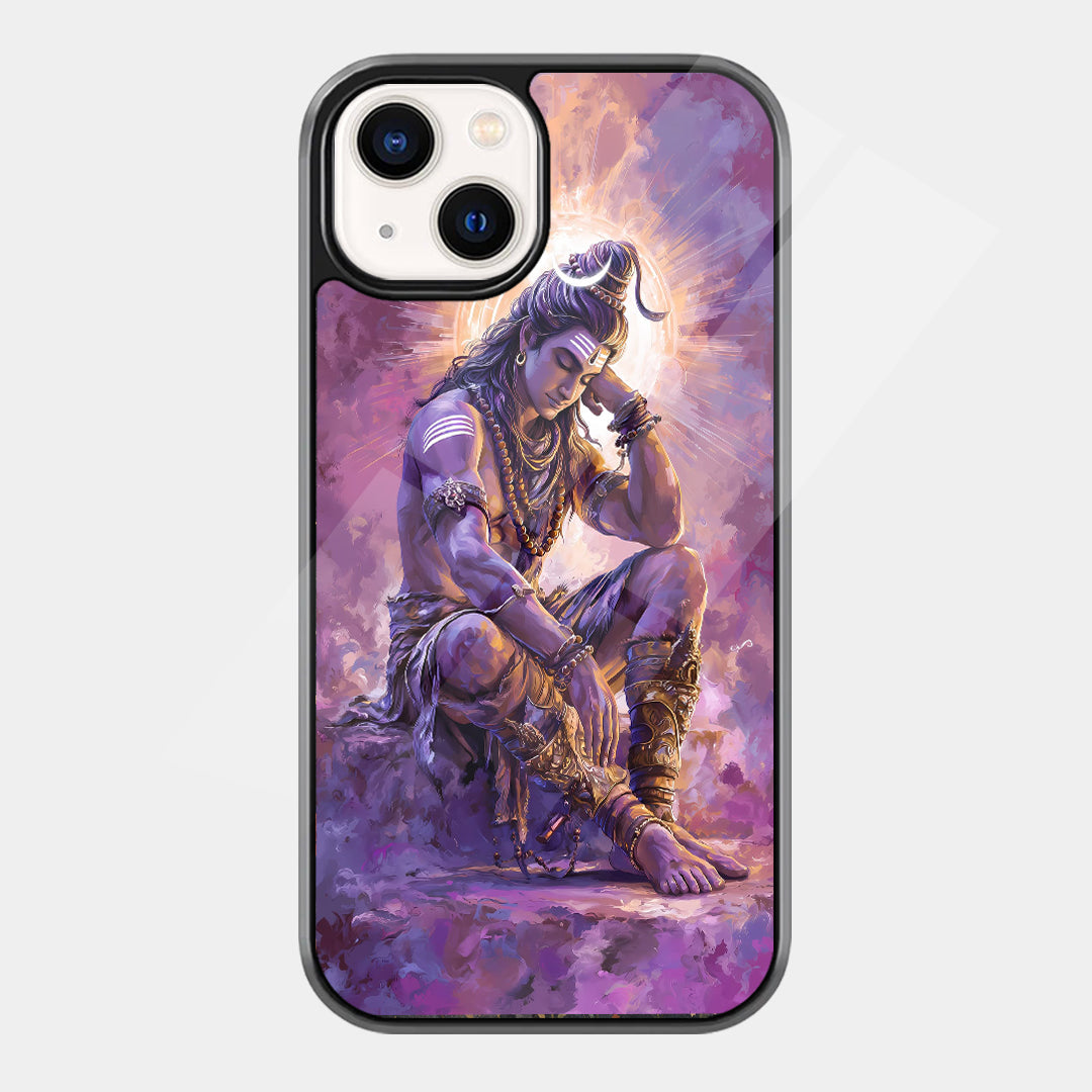 Lord Shiva seated thoughtfully with closed eyes, crescent moon in his hair, prayer beads, and a radiant violet halo