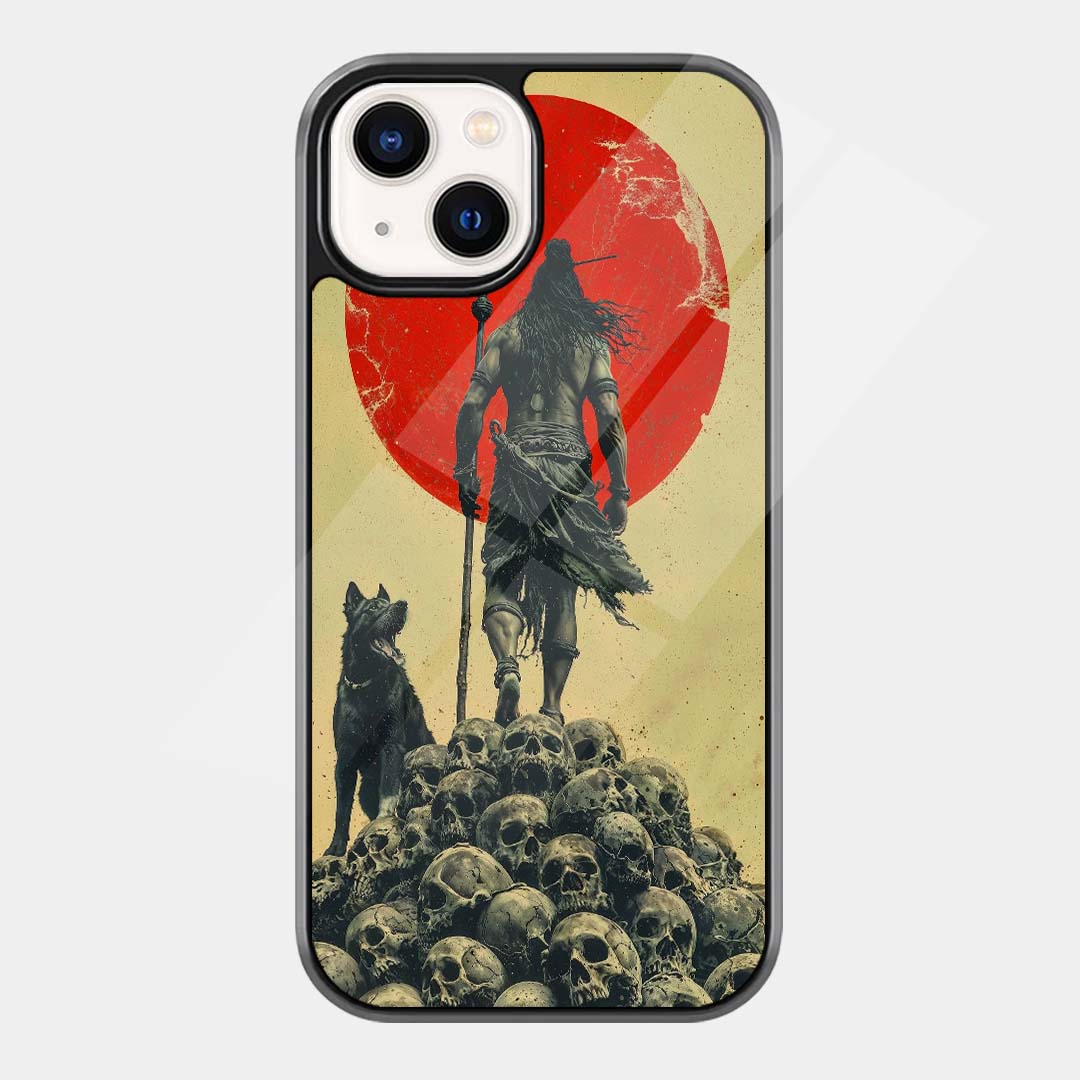 Fierce Kaal Bhairav standing with a staff and loyal black dog upon a mound of skulls beneath a large crimson disc
