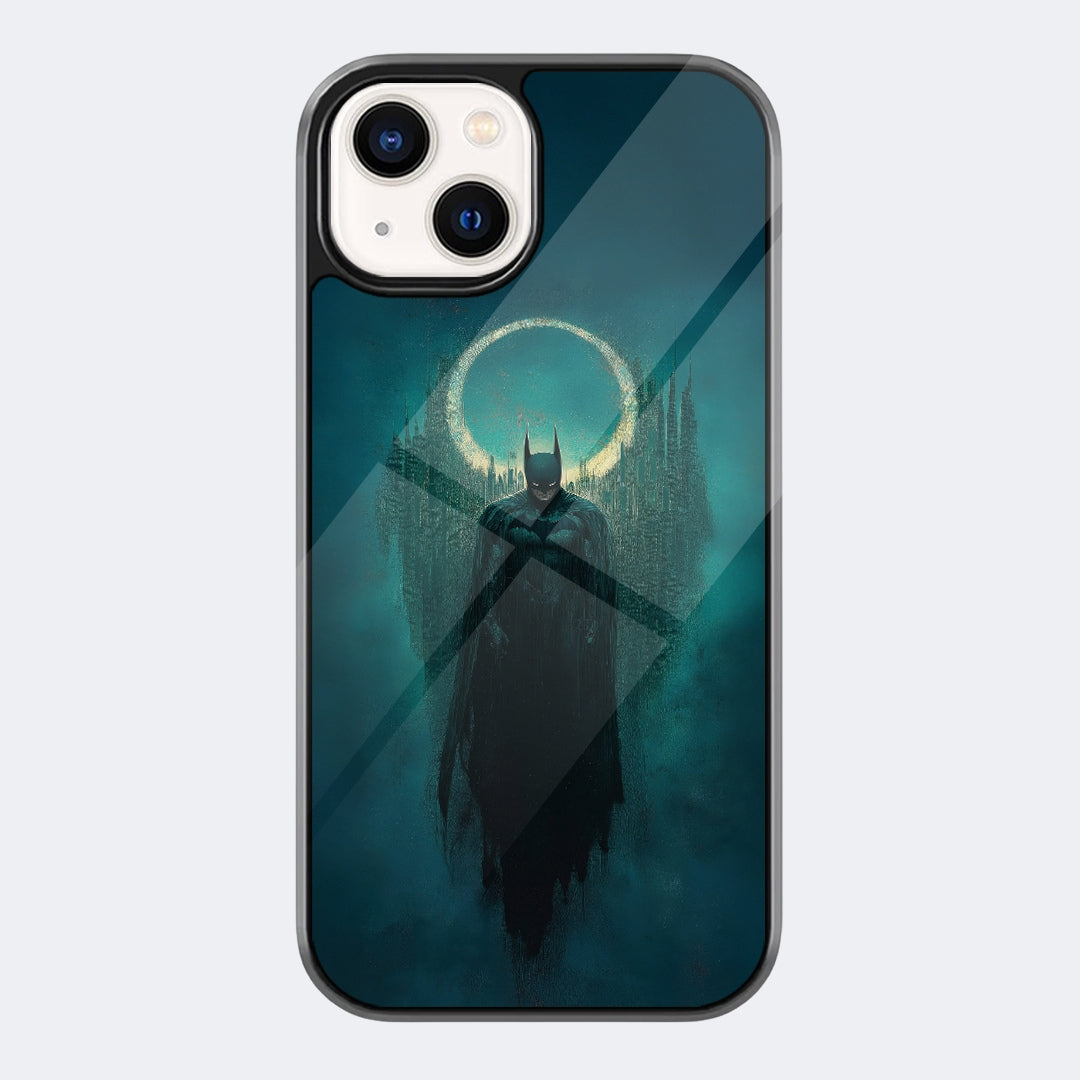 Batman Moon Shadow Phone Case featuring a caped Batman-style silhouette standing under a glowing moon in teal mist