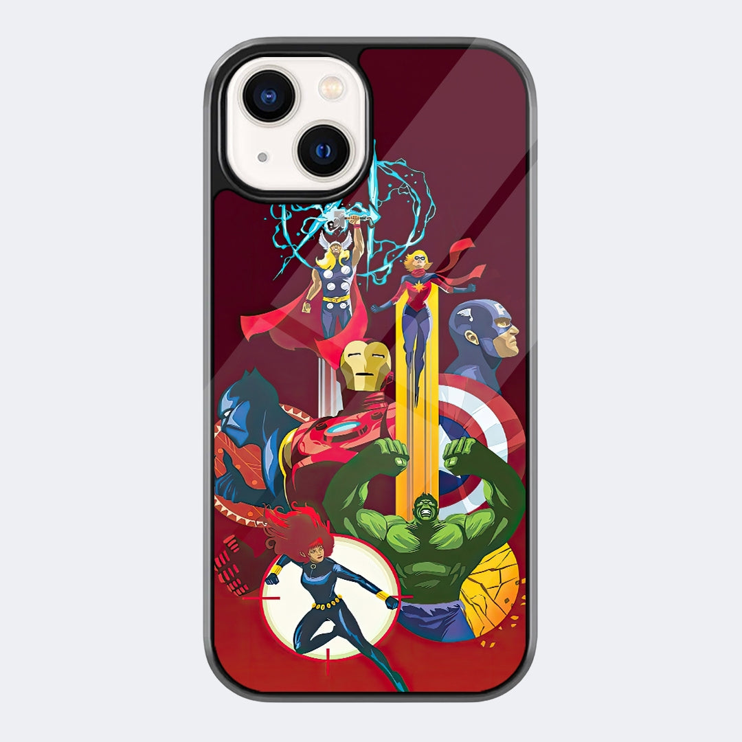 Cartoon Hero Mashup Phone Case featuring bright cartoon-style characters and playful superhero elements layered over a red pop-art background