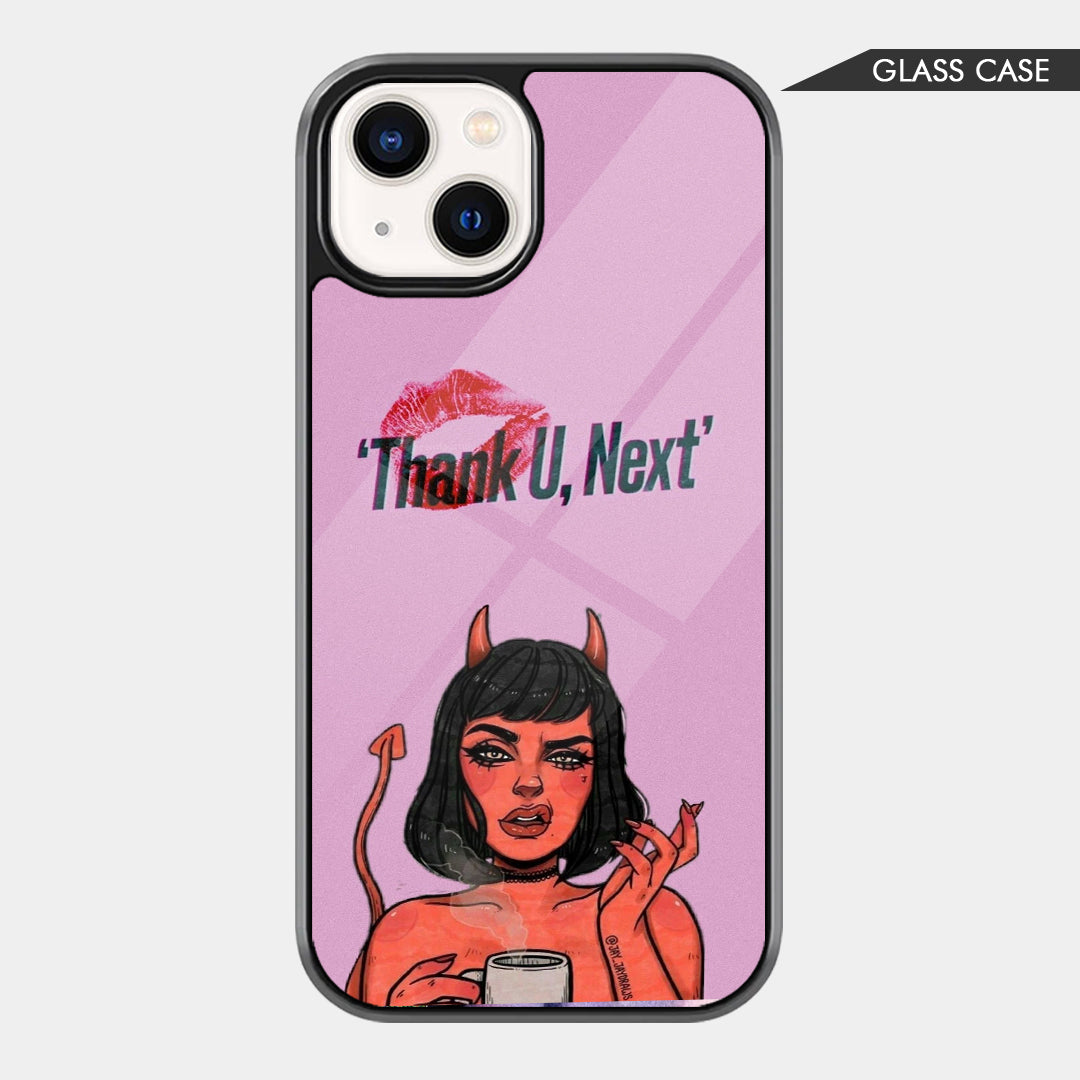 Sassy devil girl phone case with pink background, horned girl illustration, lipstick kiss mark, and Thank U Next text