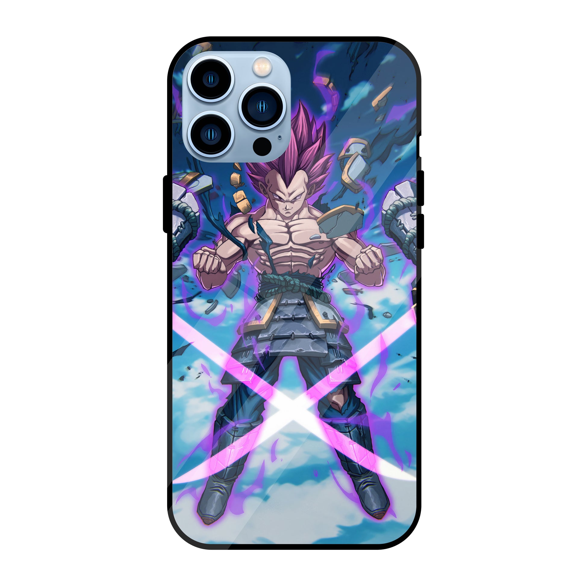 Vegeta anime artwork with fierce Saiyan expression, commanding stance, and powerful battle aura