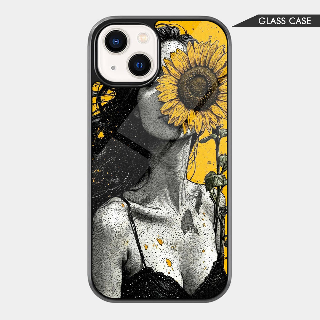 Monochrome woman portrait phone case with a large yellow sunflower covering one eye and black ink-style details