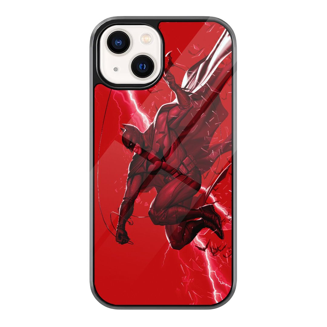 Spider-Man Red Moon Web Phone Case featuring a Spider-Man-style figure swinging across a red moon and city web graphic background