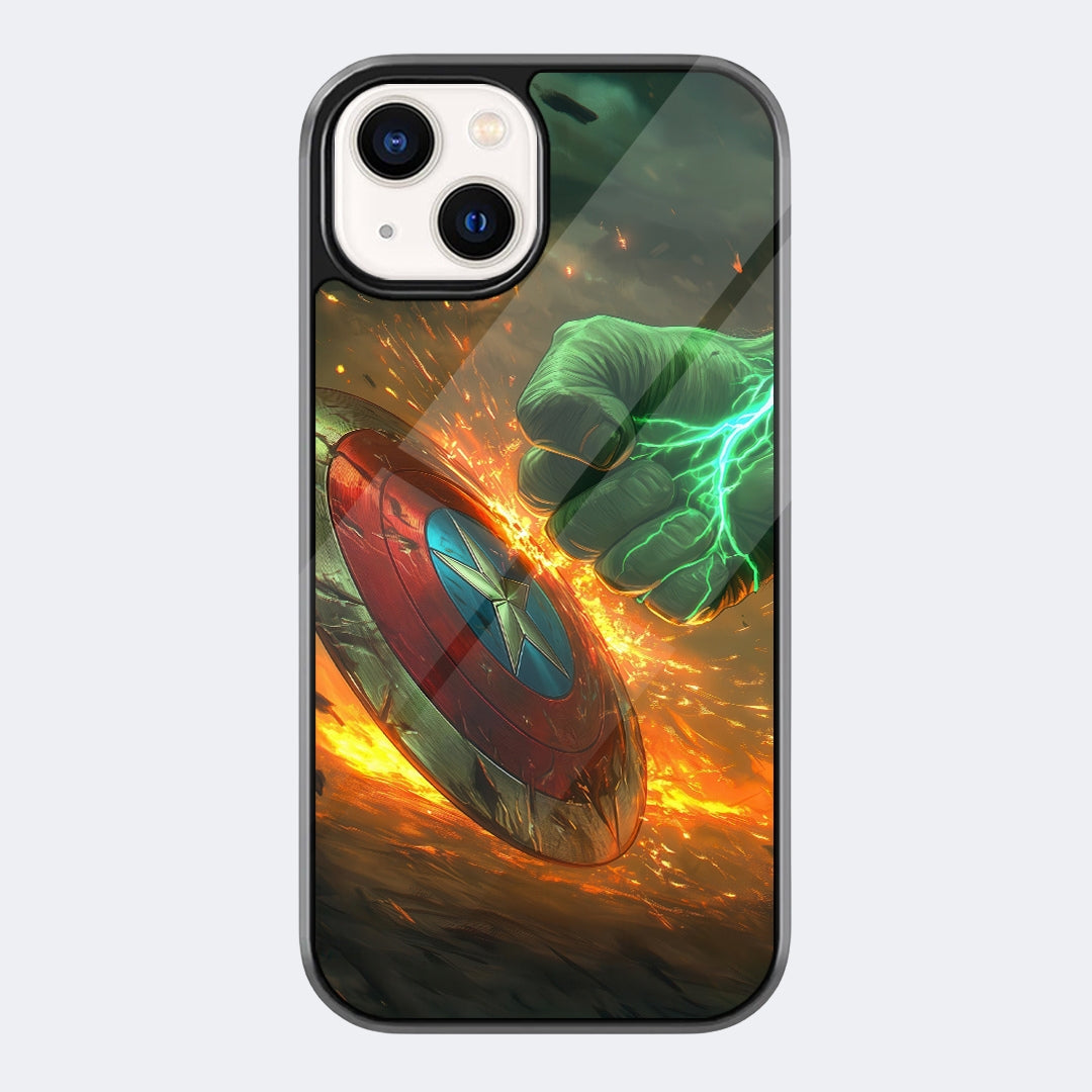 Captain America Hulk Shield Phone Case featuring Captain America’s shield flying through orange sparks with Hulk’s green fist in the background