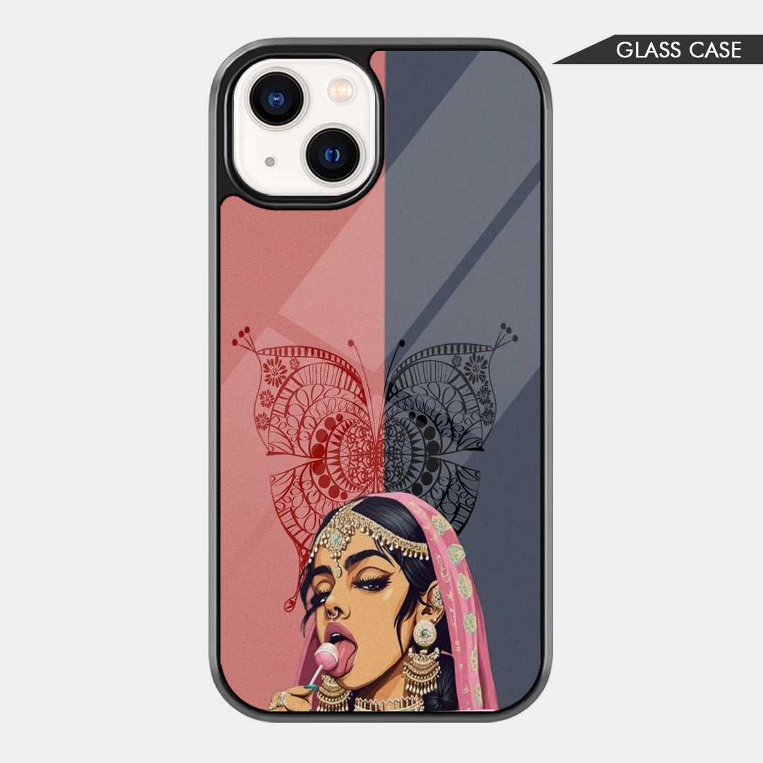 Desi girl illustration phone case with bubblegum, traditional jewelry, pink veil, split pink and grey background, and decorative butterfly outline