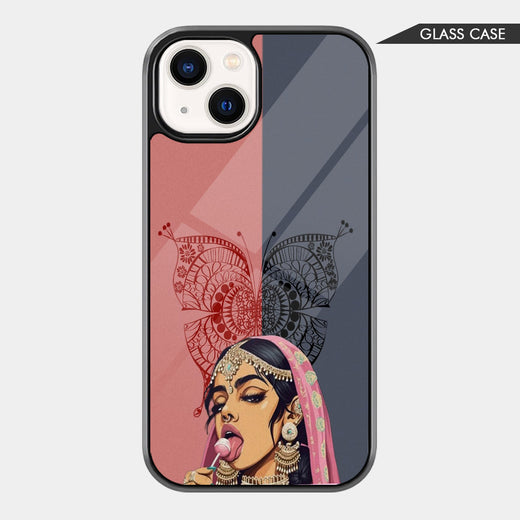 Desi girl illustration phone case with bubblegum, traditional jewelry, pink veil, split pink and grey background, and decorative butterfly outline