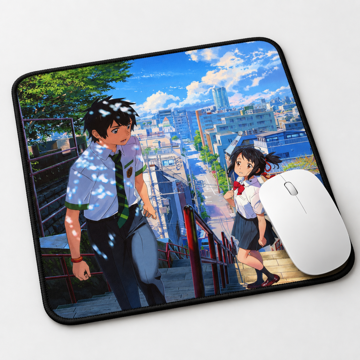 Anime City Steps Aesthetic Mouse Pad - desk mockup view