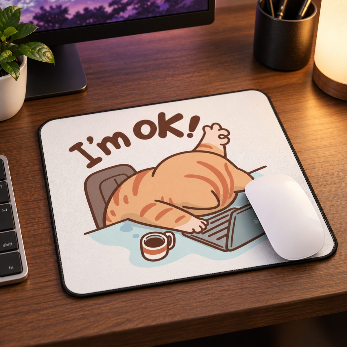 Cozy Working Cat Aesthetic Mouse Pad - desk setup view