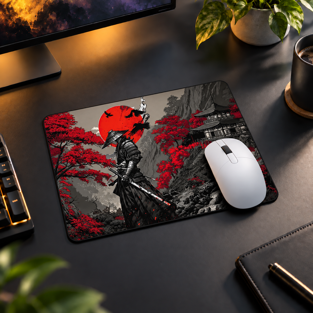 Crimson Samurai Sunset Mouse Pad - full design view