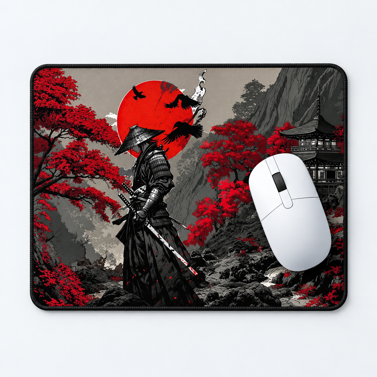 Crimson Samurai Sunset Mouse Pad - desk mockup view