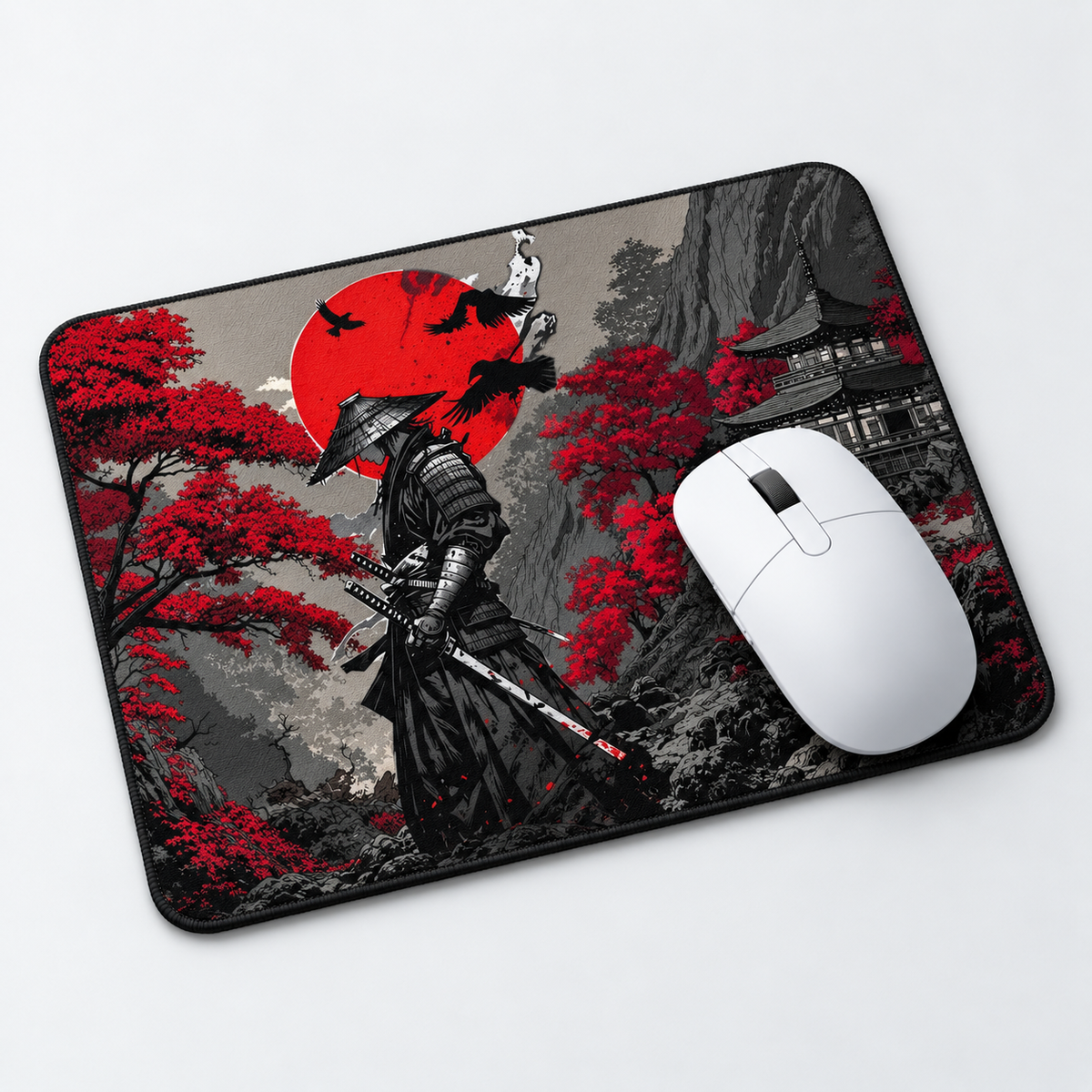 Crimson Samurai Sunset Mouse Pad - angled product view