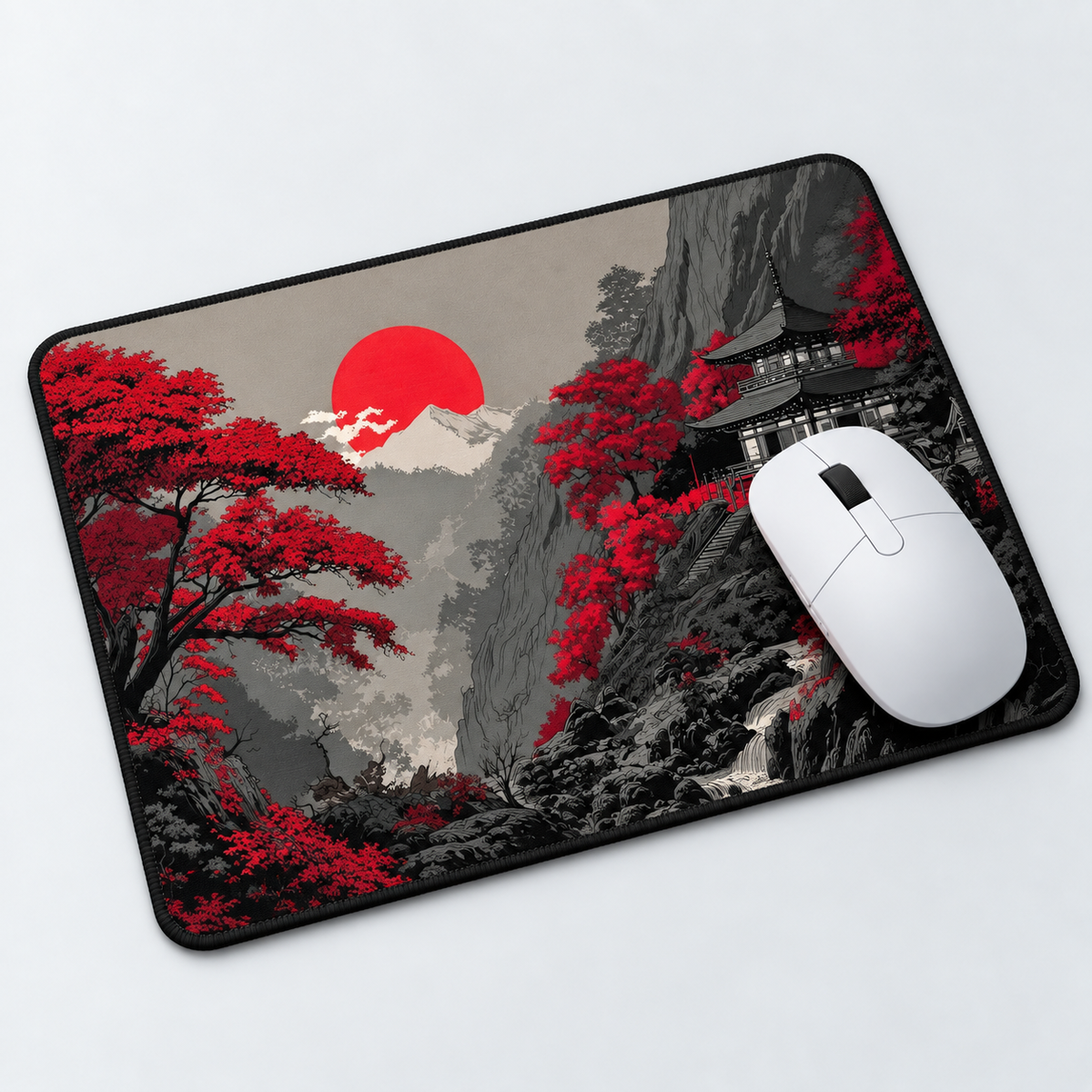 Crimson Samurai Sunset Mouse Pad - desk mockup view
