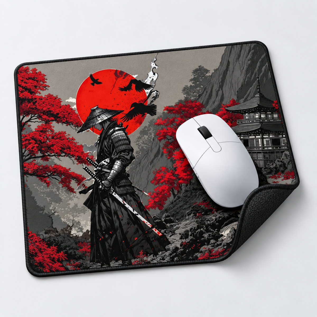 Crimson Samurai Sunset Mouse Pad - angled product view