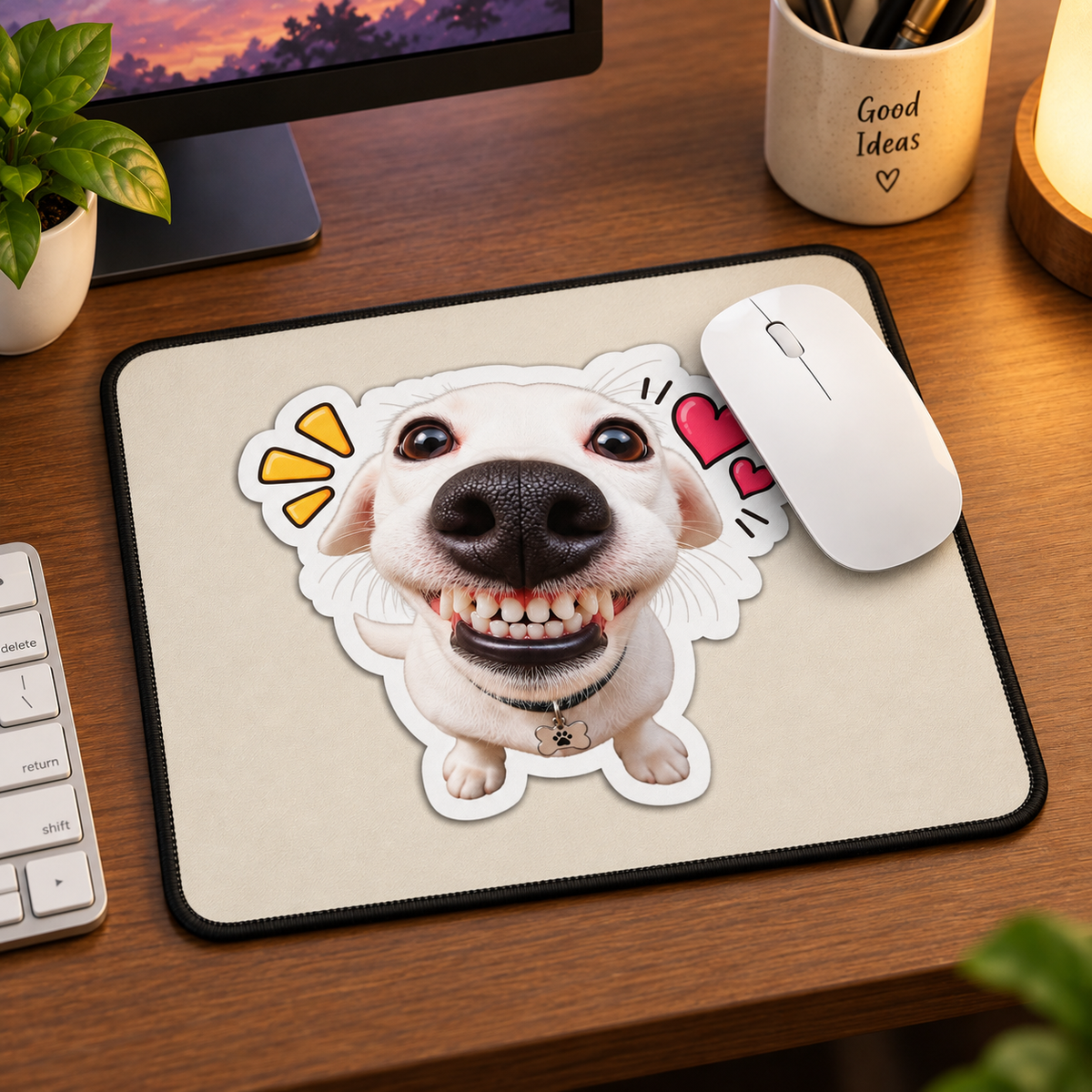 Happy Smiling Dog Aesthetic Mouse Pad - desk setup view