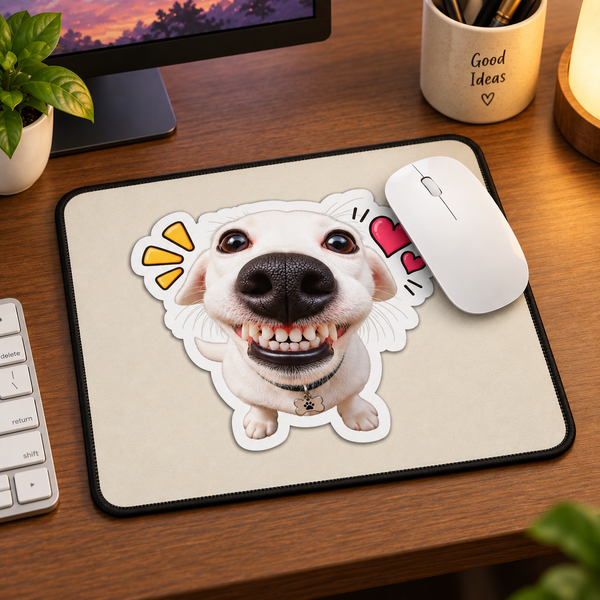 Happy Smiling Dog Aesthetic Mouse Pad - desk setup view