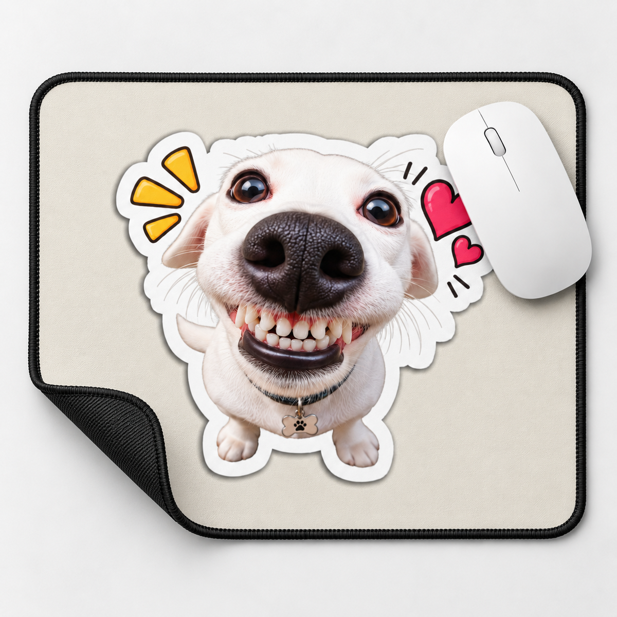 Happy Smiling Dog Aesthetic Mouse Pad - close-up print and edge view