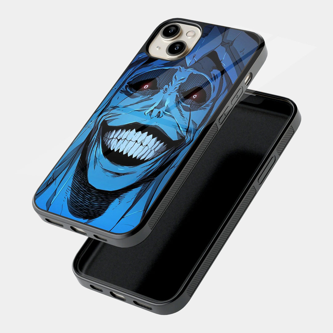 Blue Grinning Monster iPhone case - angled view
