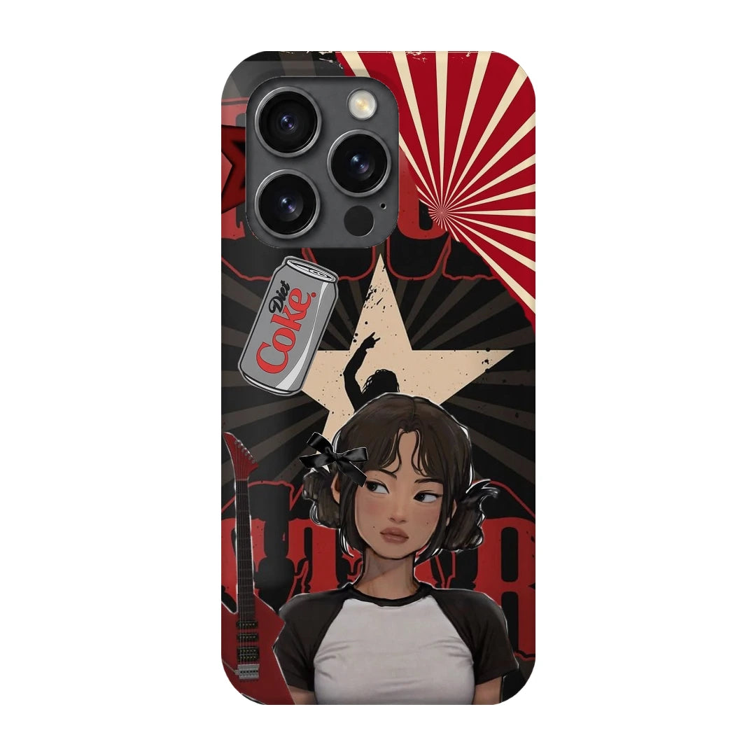 Anime City Girl 3D Print iPhone 15 Pro Phone Case, back view; an illustrated girl in a black-and-white outfit against a red city-inspired backdrop