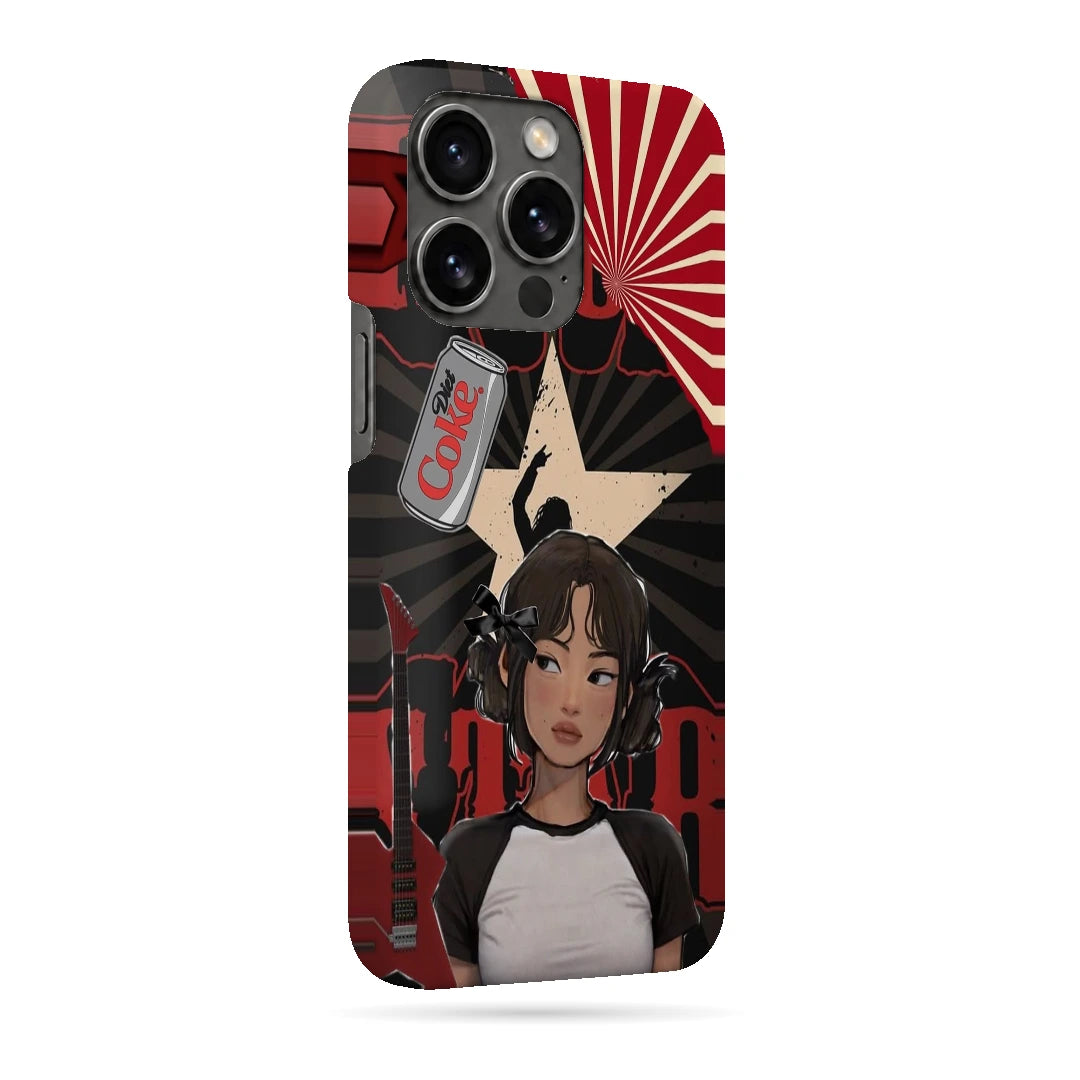 Anime City Girl 3D Print iPhone 15 Pro Phone Case, right-side view; an illustrated girl in a black-and-white outfit against a red city-inspired backdrop