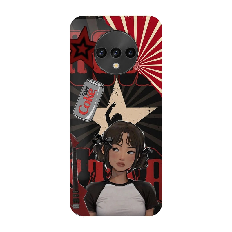 Anime City Girl 3D Print OnePlus 7T Phone Case, back view; an illustrated girl in a black-and-white outfit against a red city-inspired backdrop