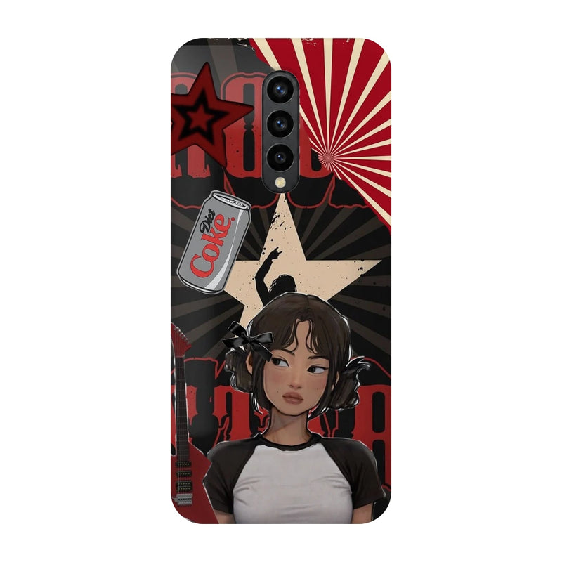 Anime City Girl 3D Print OnePlus 8 Phone Case, back view; an illustrated girl in a black-and-white outfit against a red city-inspired backdrop