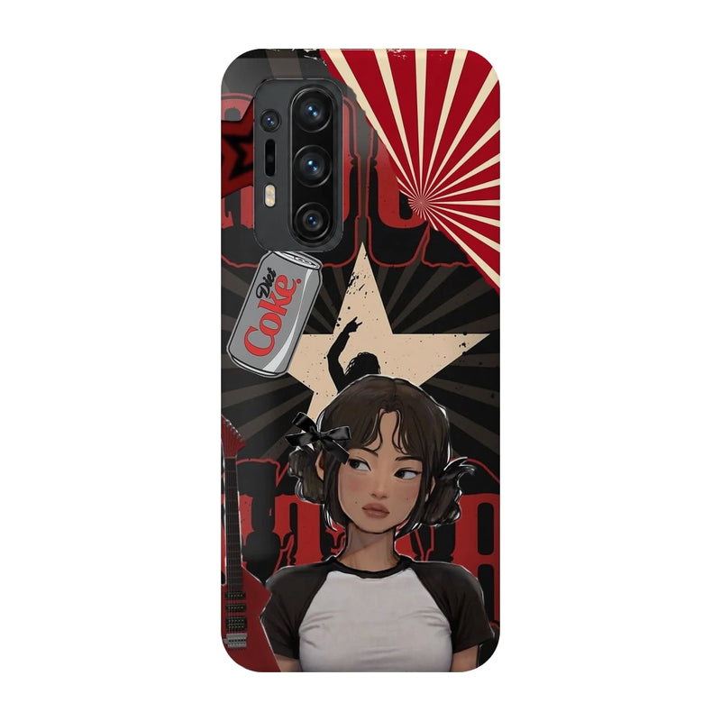 Anime City Girl 3D Print OnePlus 8 Pro Phone Case, back view; an illustrated girl in a black-and-white outfit against a red city-inspired backdrop