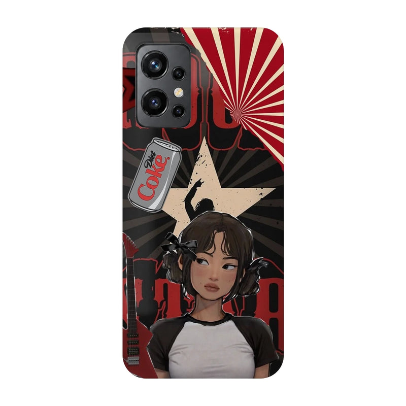 Anime City Girl 3D Print OnePlus 9R Phone Case, back view; an illustrated girl in a black-and-white outfit against a red city-inspired backdrop
