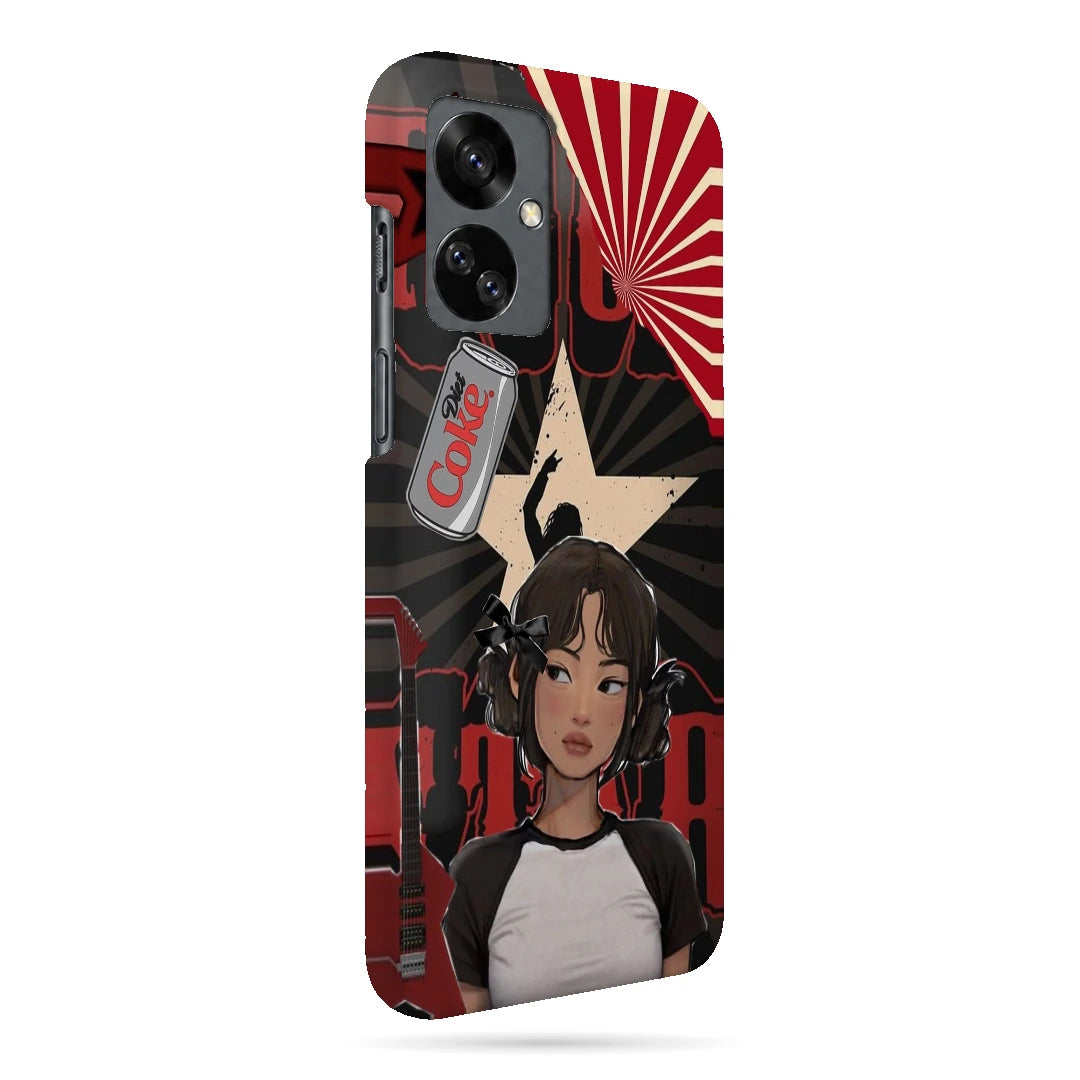 Anime City Girl 3D Print OnePlus Nord 2T Phone Case, right-side view; an illustrated girl in a black-and-white outfit against a red city-inspired backdrop