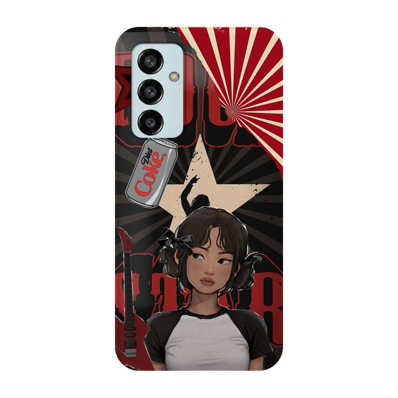 Anime City Girl 3D Print Samsung F13 Phone Case, back view; an illustrated girl in a black-and-white outfit against a red city-inspired backdrop